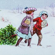 Салфетка для декупажа -  ретро картинка - дети срубили елку