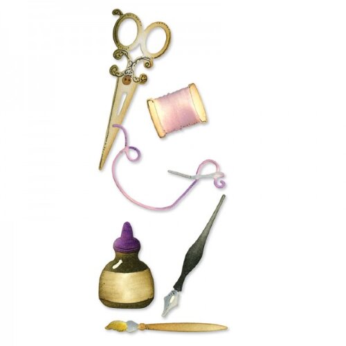 Sizzix Sizzlits комплект трафаретов (ножей) для вырубки "Мотива письма и шитья", 3 мотива  3 пластины размером: 9,5*6,5 см. Германия.