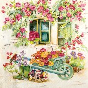 Салфетка для декупажа - цветы в тележке, окно с розами