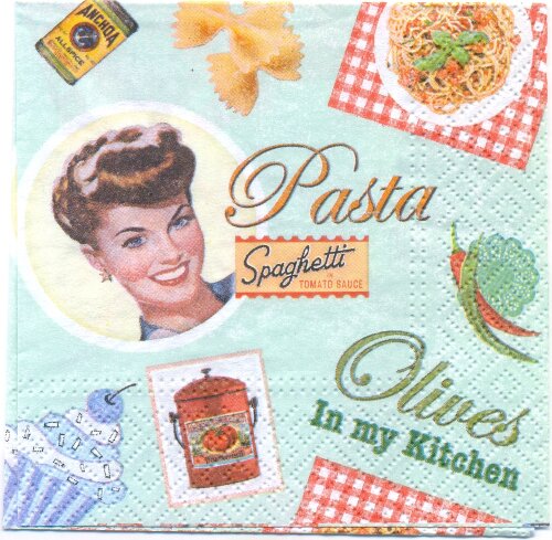 Салфетка для декупажа МАЛАЯ - Pasta на зеленом фоне Цена за 1 салфетку размером 25х25см. Производство США.